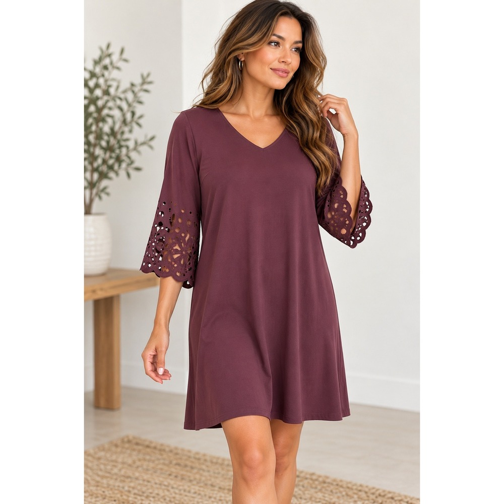 Alfani Shift Dress Wine Shimmer Eyelet Sleeve Modern Feminine 2P Career Cocktail